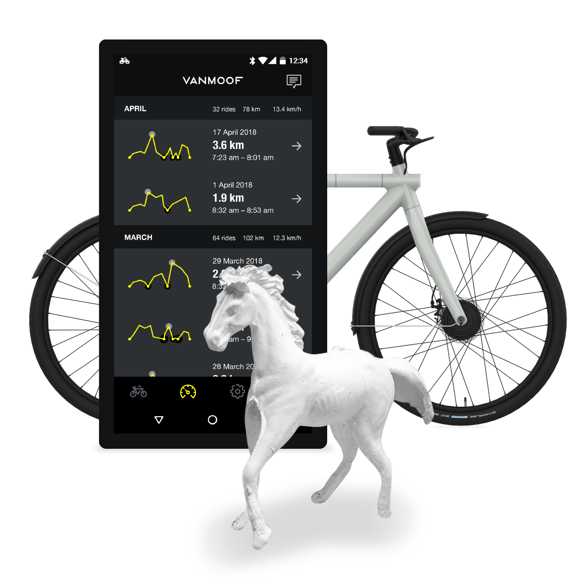 Van Moof app, bike, and horse